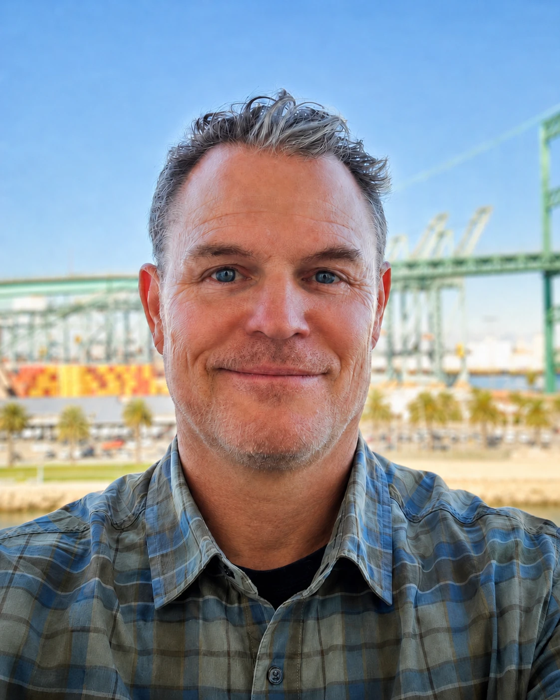 Marc C. Pearson smiling in front of a waterfront bridge